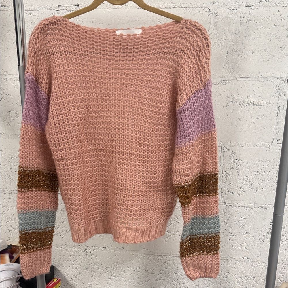 Heartloom Pink Knit Sweater with Colorful Stripes - LIKE NEW - Size X Small